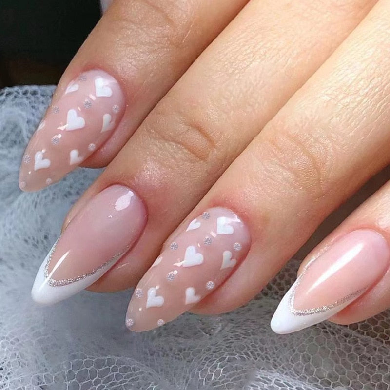 24Pcs Detachable Almond False Nails with Pearl Decoration Elegant Designs French Fake Nails Full Nail Art Tips Press On Nails