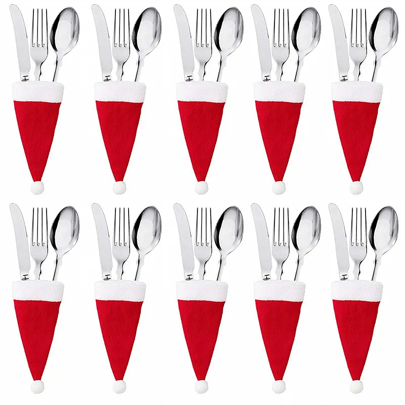 10PCS Tableware Holder Bag Christmas Hat Decorations Kitchen Accessories Home Decor Christmas Ornaments