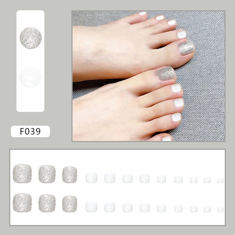 24pcs detachable fake toe nails Shiny fragment Jade foot nail stickers full cover white toe nail tips short press on toe nails