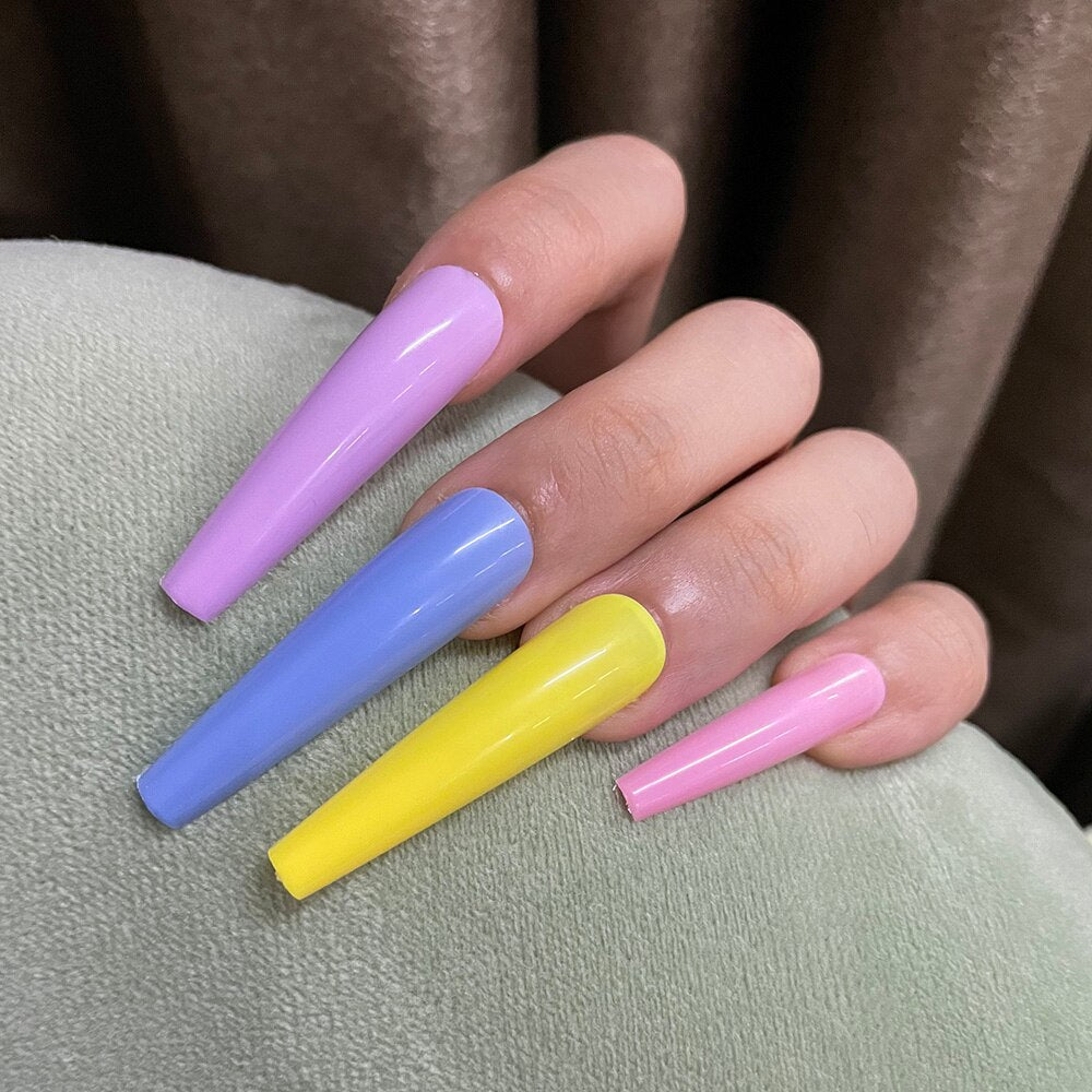 24pcs Super Long French False Nails Full Cover Coffin Ballerina Nail Tips Removable Gradient Pure Color Design Press on Nails