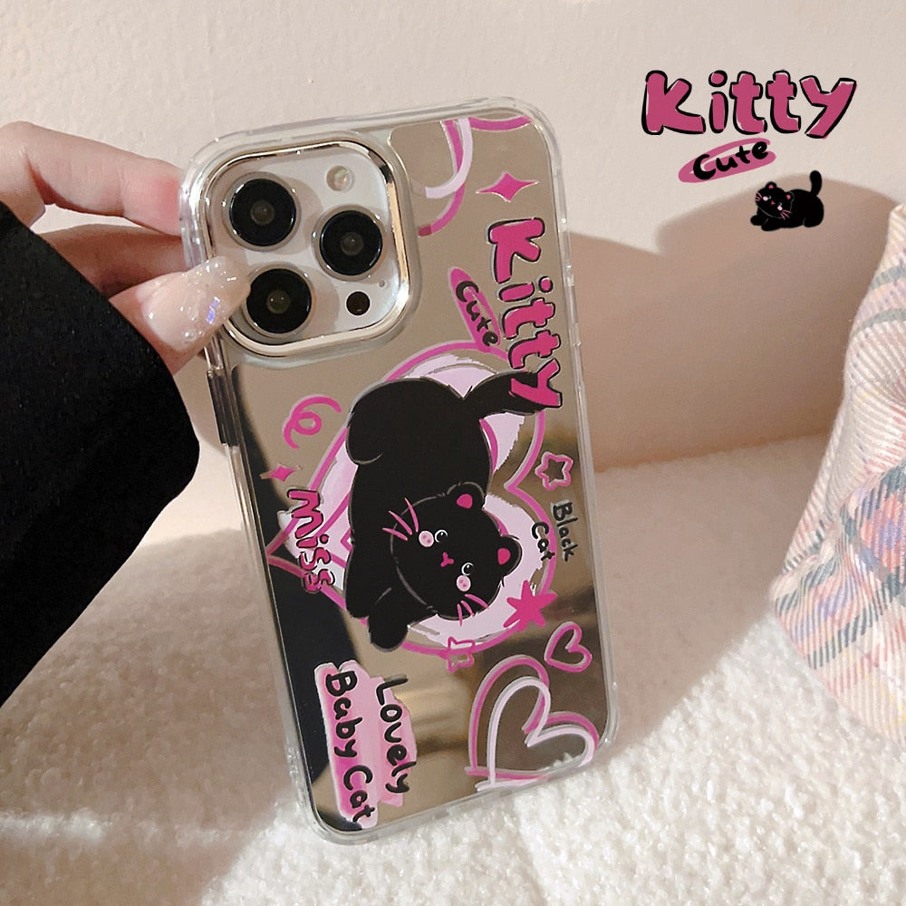 Retro Kawaii Graffiti black cat pink Love art mirror art Phone Case For iPhone 14 13 12 11 Pro Max Case Cute Cartoon hard Cover