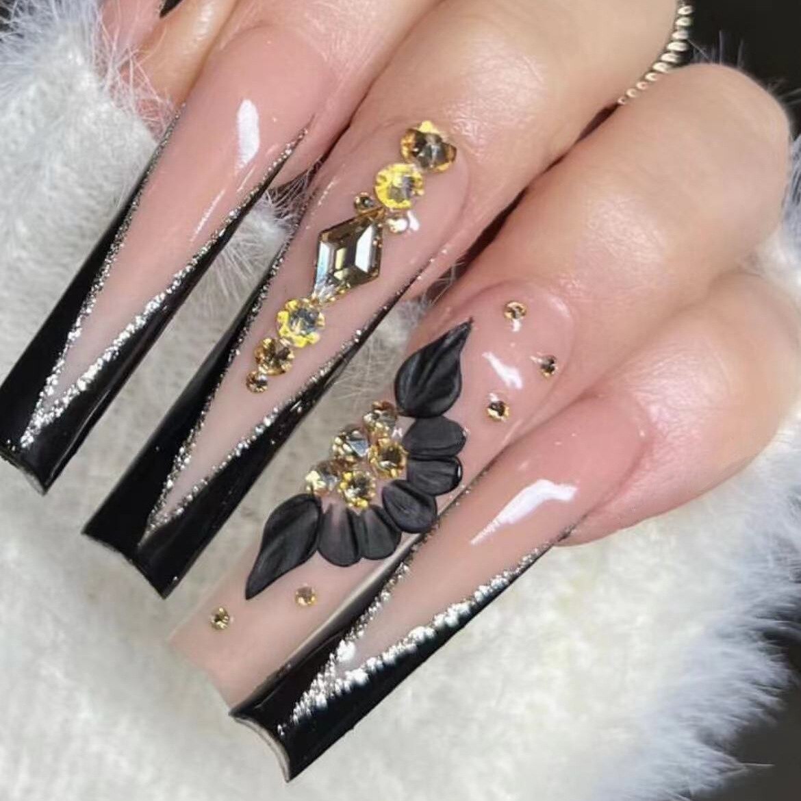 24Pcs Yellow False Nails Long Coffin Flower Butterfly with Rhinestones French Design Wearable Fake Nails Press on Nails Tips