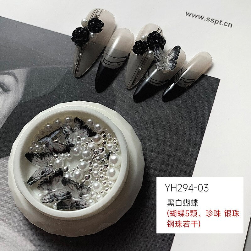 1 box Manicure Black Camellia Nail parts Butterfly Flower Mixed Pearl Jewelry Flat Shaped Diamond Dark Rose Style Nail