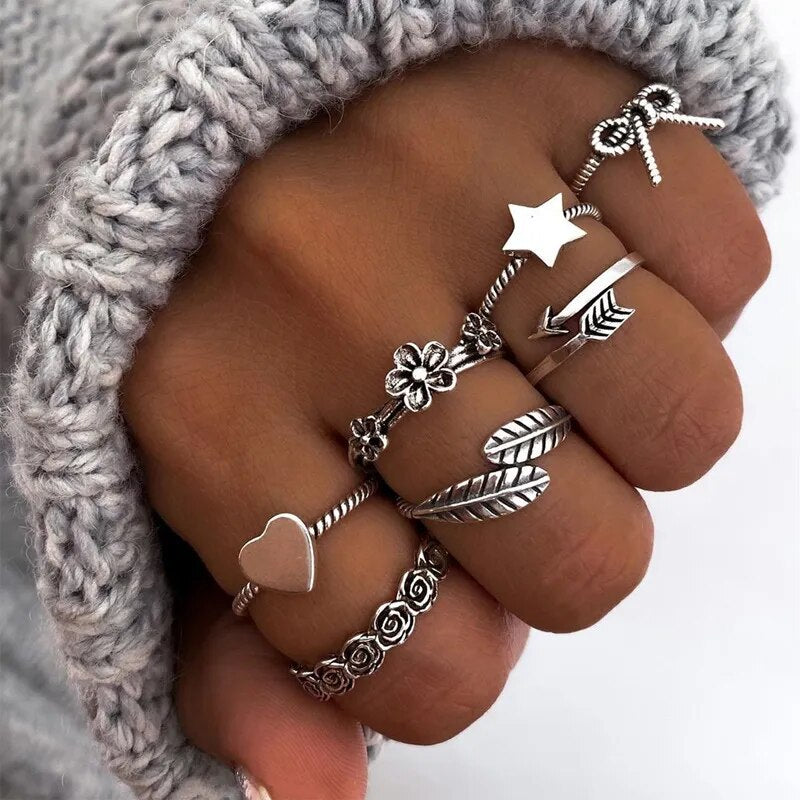 Bohemian Geometric Rings Sets Crystal Star Moon Flower Butterfly Constellation Knuckle Finger Ring Set For Women Jewelry