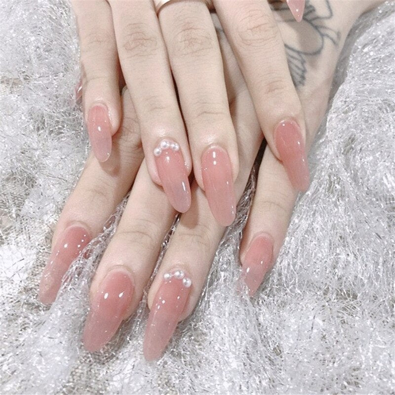 24pcs/Box Long Stiletto False Nails with Glue Red Nude Pink White MilkTea Color Jelly Nails Tips Full Cover Press On Nails