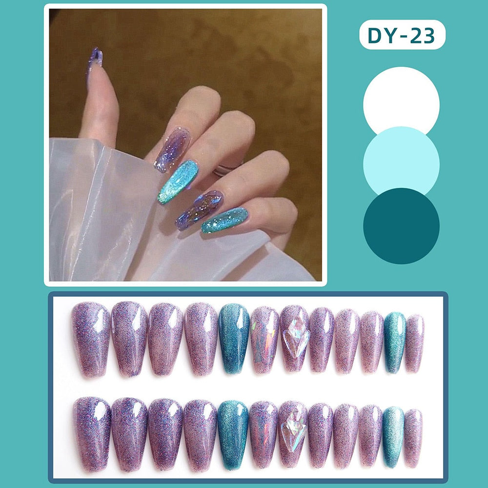 24pcs Shiny Crystal Ballerina Press on Nail Cat Eye False Nail Patch Full Finished Purple Blue Glitter Wearable Manicure Tips