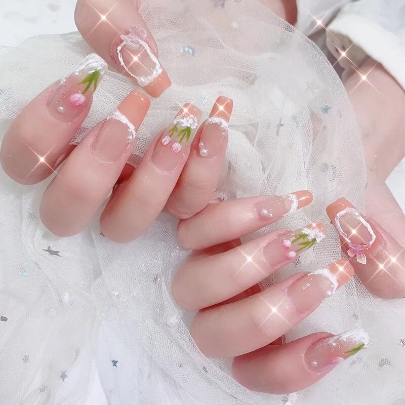 Fake Nails Sets Press on Ballet False Nails with Flower Designs Removable Acrylic Artificial Nails Glitter Nails Art Long Tips