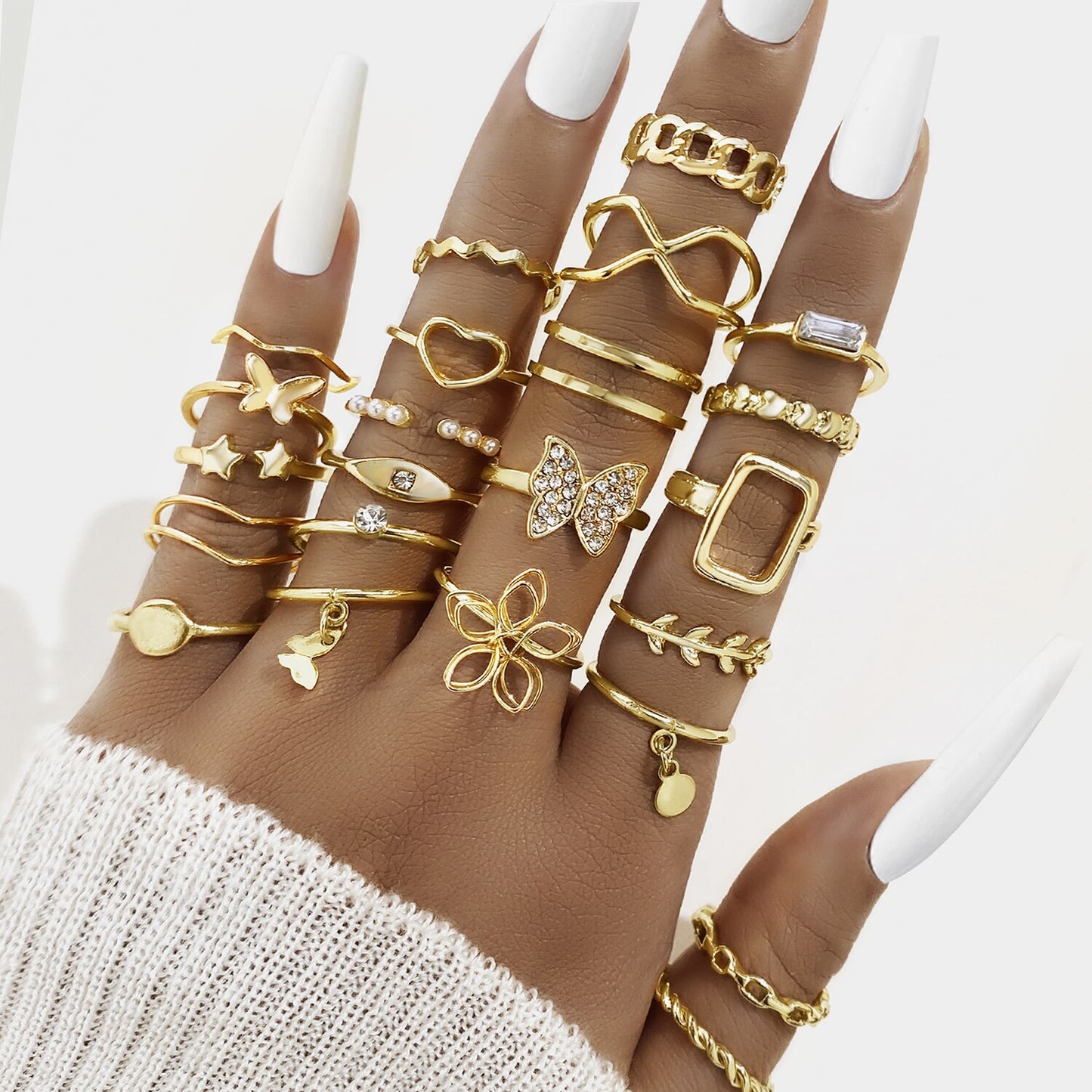 23pcs Hiphop Gold Color Geometric Wheat Rings Set For Women Girls Punk Star Moon Eye Wave Finger Rings Jewelry Party