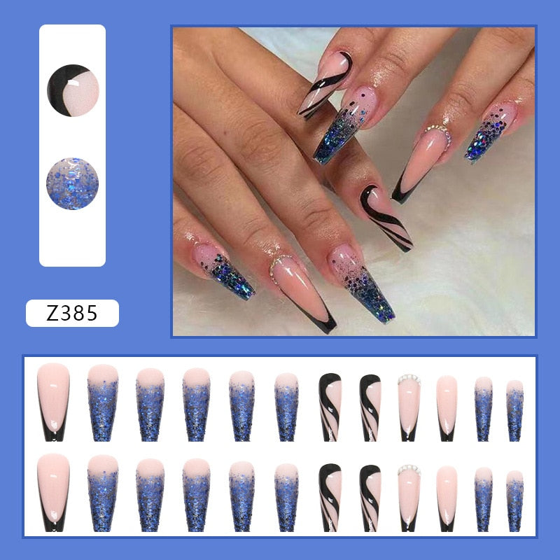 24Pcs Long Coffin False Nails Gold Glitter Sequins Designs Press On Full Cover Fake Nails Tips Wearable Manicure Art