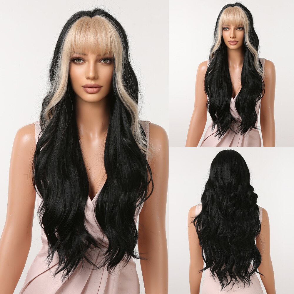 Brown Mixed Blonde Synthetic Wigs with Bang Long Natural Wavy Hair Wig for Women Daily Cosplay Use Heat Resistant