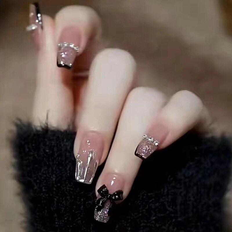 Fake Nails Sets Press on Ballet False Nails with Flower Designs Removable Acrylic Artificial Nails Glitter Nails Art Long Tips