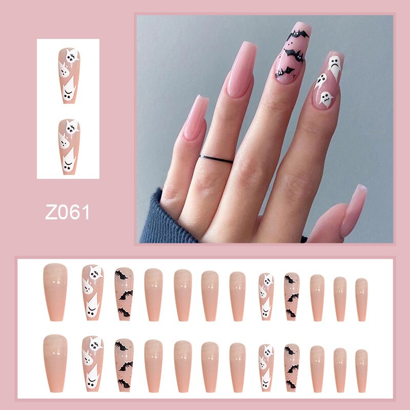 24Pcs Halloween Black Ghost Long Ballet False Nails With Heart Blood Design Halloween Press On Nails Detachable Full Cover Nails