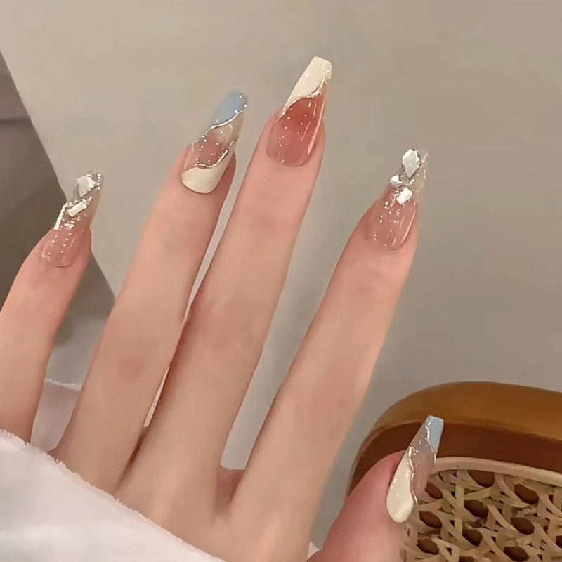 24pcs/box gradient French artifical nails with glue shiny star Fake Nails Lovely Girl korean press on nails ballerina False Nail