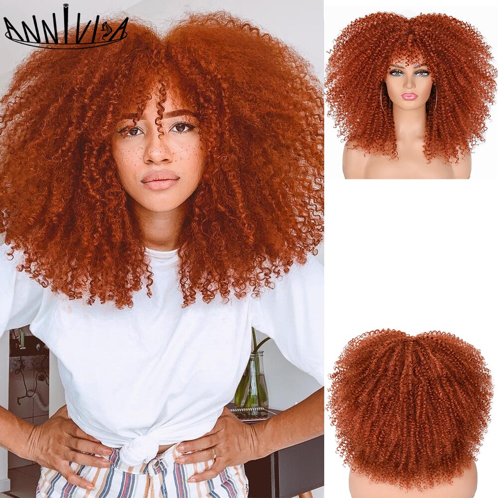 Short Hair Afro Kinky Curly Wigs With Bangs For Black Women Fluffy Synthetic African Ombre Glueless Brown Blonde Cosplay Wigs