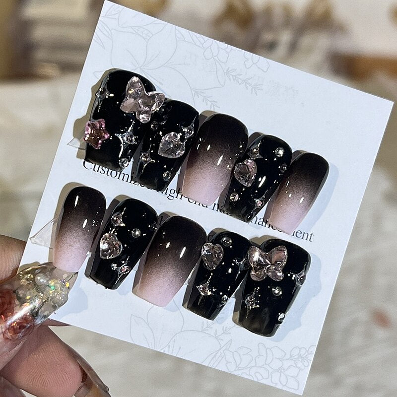 Handmade Luxury Short False Nails Art Glittery Rhinestone Press On Nail Y2K Reusable Full Cover Long Coffin Fake Nail With Glue