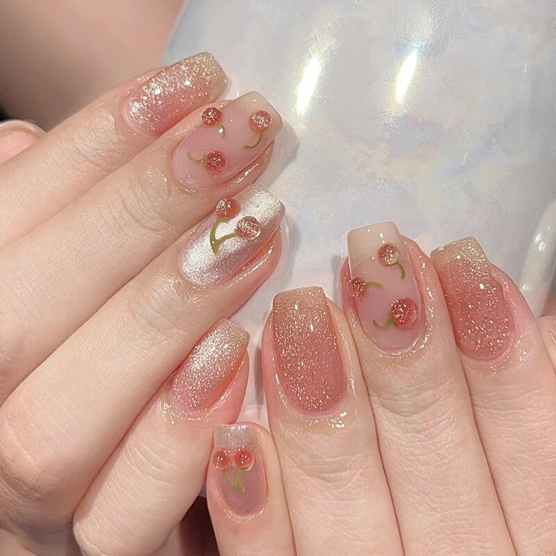 24pcs removeable short fake nails with glue Nude Pink artificial false nails with diamond designs acrylic press on nails