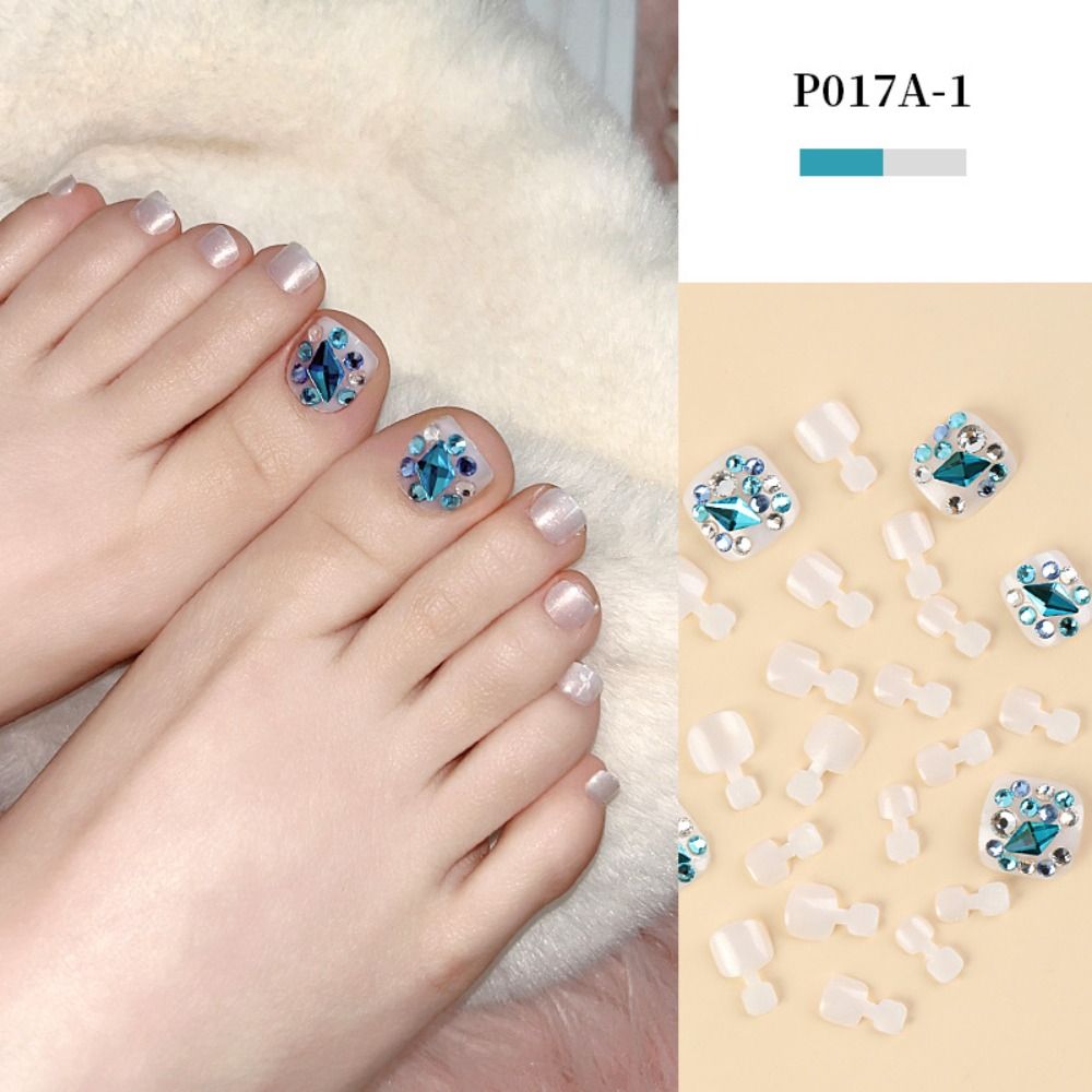 Artificial Toenails Glitter Rhinestones Sequins Fake Toenails Full Cover Short Square Toe Nails Foot Nails Tips for Women Girls