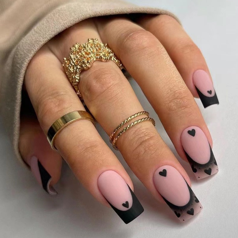 24pcs detachable Matte Pink Leopard Print Gold Line Press On Nails short coffin Blue-purple gradient French fake nails with glue