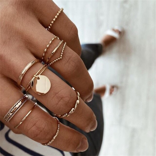 Bohemian Midi Knuckle Ring Set For Women Crystal Stars Moon Flower Love Crescent Geometric Coin Snake Finger Vintage Jewelry