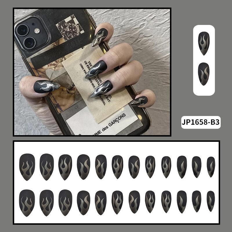 24PCS Dark Punk False Nails with Glue Gradient Long Detachable Fire Stick on Nails Skull Flame  Art DIY Fashion Manicure Tool