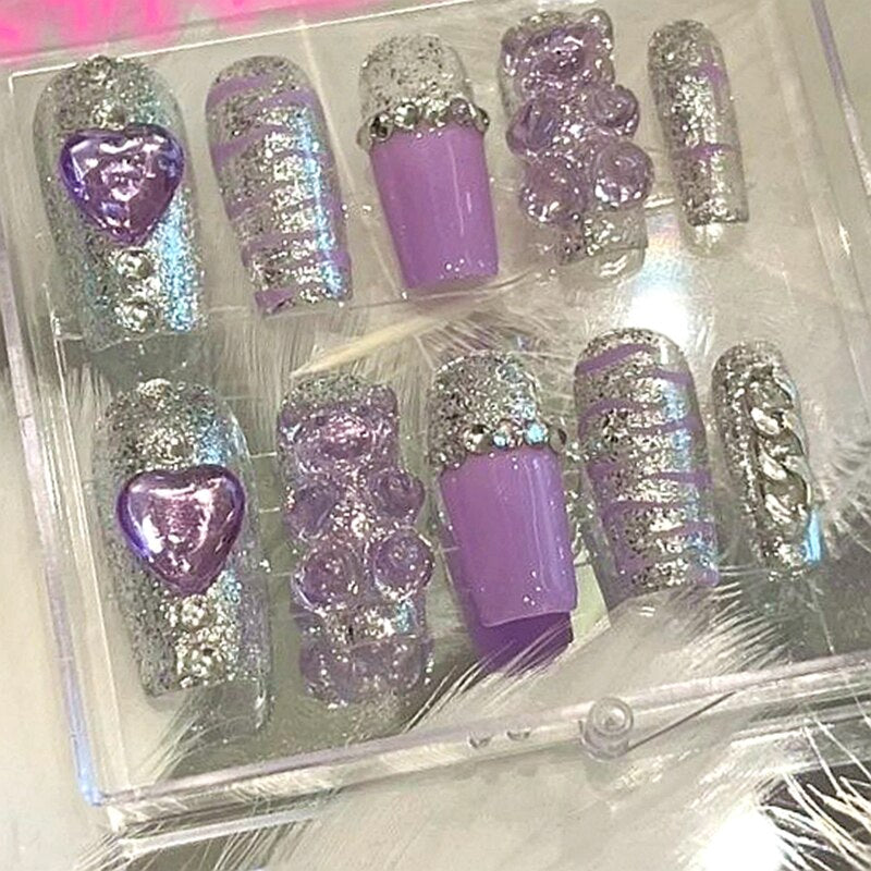 Handmade Y2K Cute False Nails Tips Glitter Rhinestone Press On Nail Reusable Long Coffin Ballet Acrylic Fake Nail With Glue