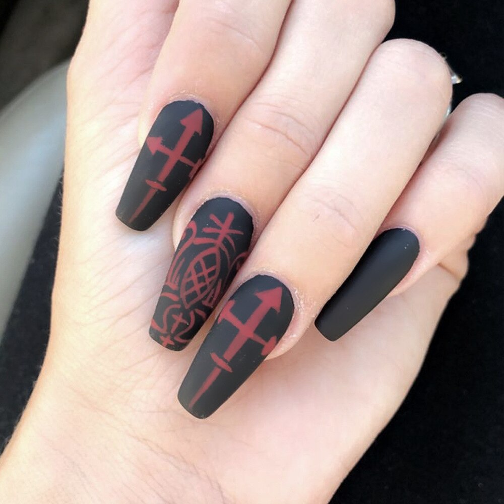 24Pcs Halloween Black Ghost Long Ballet False Nails With Heart Blood Design Halloween Press On Nails Detachable Full Cover Nails