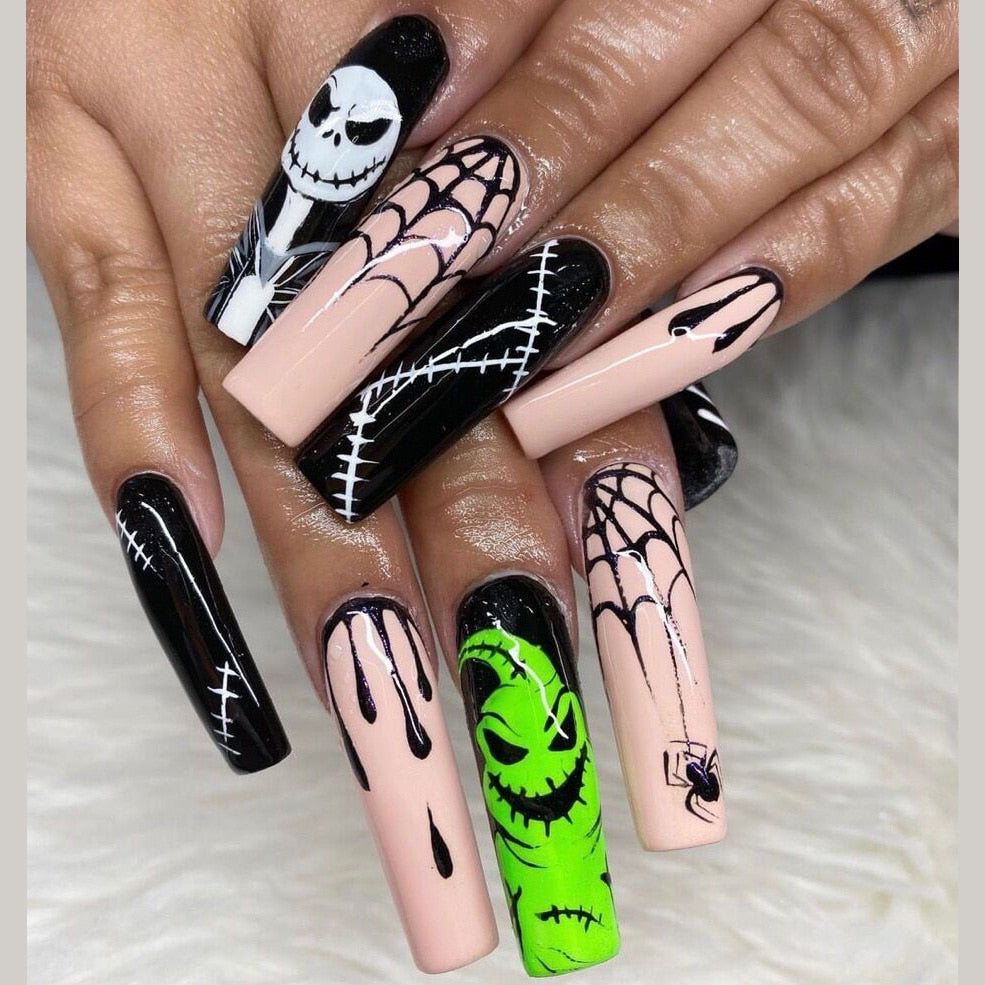 24Pcs Halloween Black Ghost Long Ballet False Nails With Heart Blood Design Halloween Press On Nails Detachable Full Cover Nails