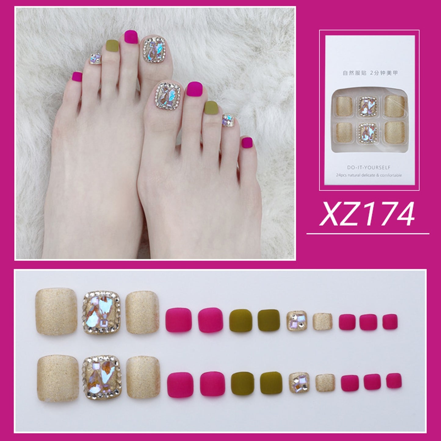 Gold Full Diamond Feet Nails Press On Fake Glitter Toe Nail Stickers Full Cover Toe Nail Tips False Foot Nails