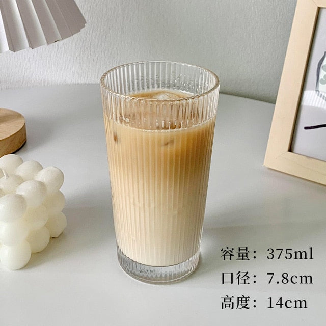 375Ml Stripe Glass Cup with Lid Straw Japanese Style Drinking Chic Mugs Milk Coffee Drinkware Tea Gifts whiskey Glasses