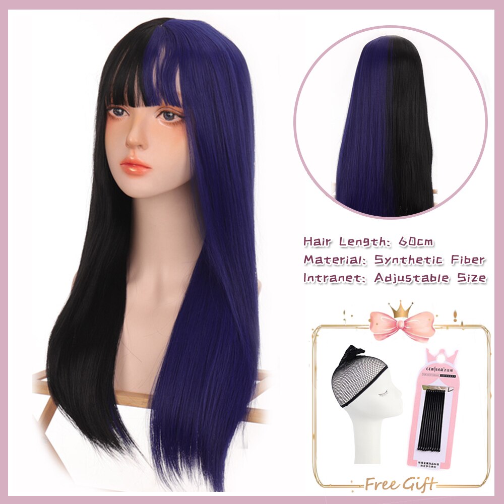 Cosplay Purple Blue High Gloss Bangs Synthetic Long Curly Hair Wig Lolita Women Heat-resistant Wig