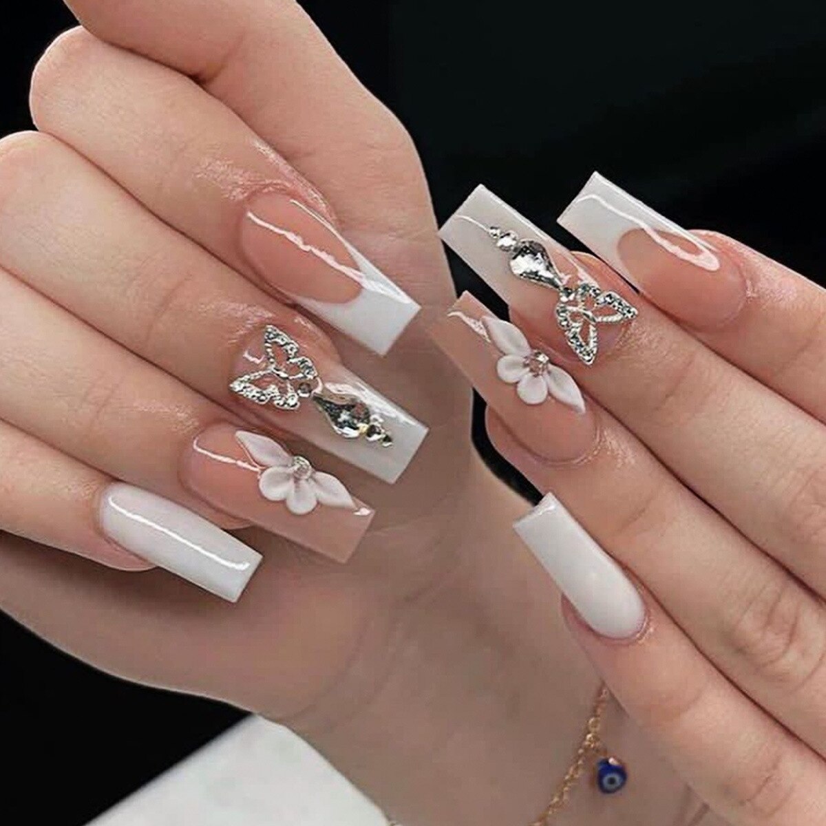 24pc Extra long press on false nails with simple elegant white French design false nails translucent glossy fake nails with glue