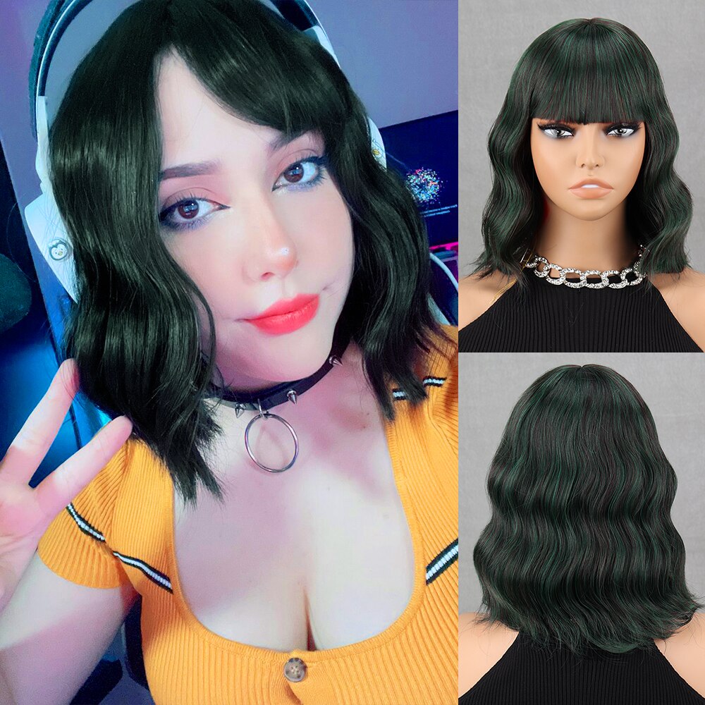 Short Bob Brown Dark Blue Synthetic Wig Women's Bangs Dark Blue Pink Black Wig Lolita Party Cosplay Everyday Use Natural Hair