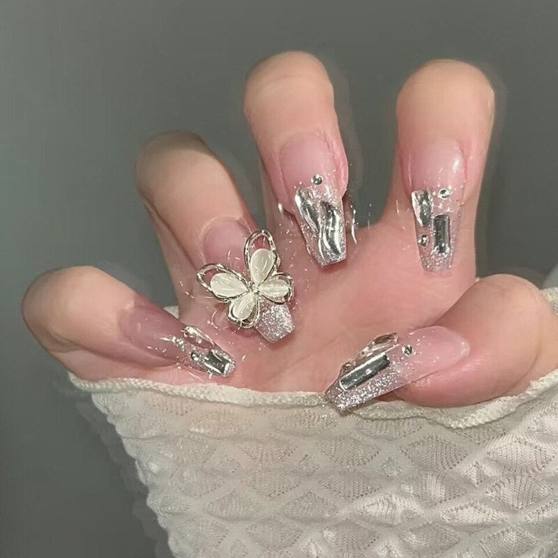 Fake Nails Sets Press on Ballet False Nails with Flower Designs Removable Acrylic Artificial Nails Glitter Nails Art Long Tips