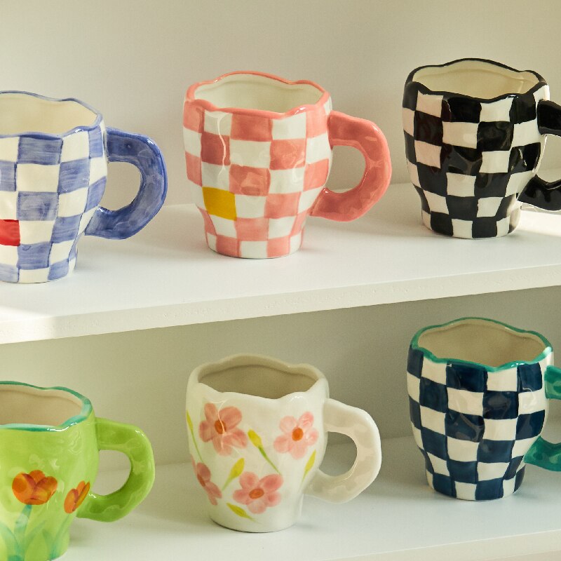 Chessboard Cup Irregular Handmade Ceramic Mug Coffee Tea Milk Water Cup Pink Girl Cup with Tray Cute Cup