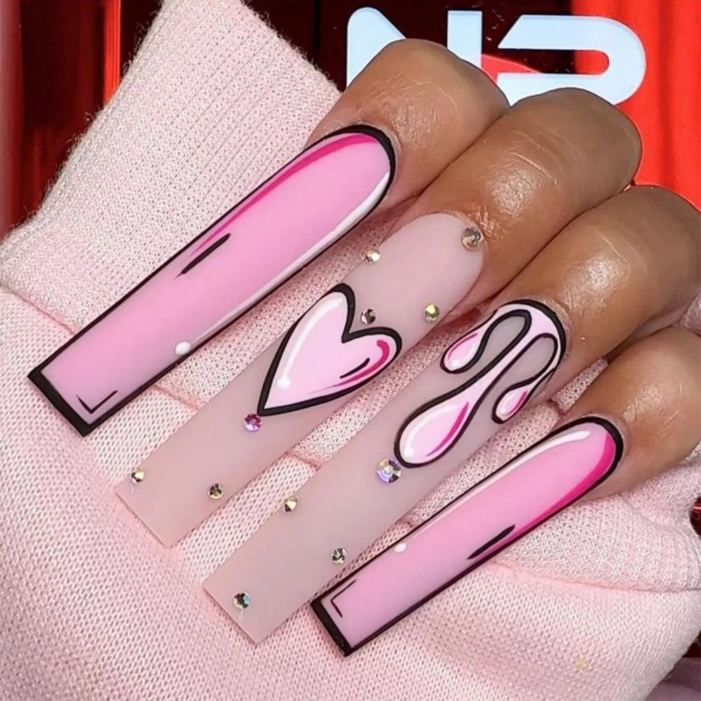 Press On Nails Long Blue Heart Coffin False Nails Star Shiny Pattern Design Ballerina Fake Nails Manicure Full Cover Nail Tips