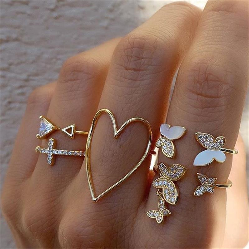 Bohemian Butterfly Ring Set For Women Crystal Inlayed Flower Knuckle Ring Female Charm Jewelry