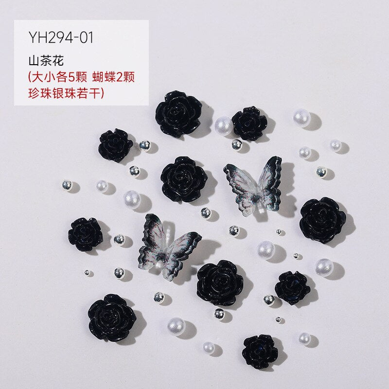 1 box Manicure Black Camellia Nail parts Butterfly Flower Mixed Pearl Jewelry Flat Shaped Diamond Dark Rose Style Nail