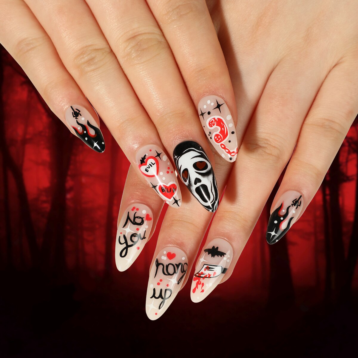 24Pcs Halloween Black Ghost Long Ballet False Nails With Heart Blood Design Halloween Press On Nails Detachable Full Cover Nails