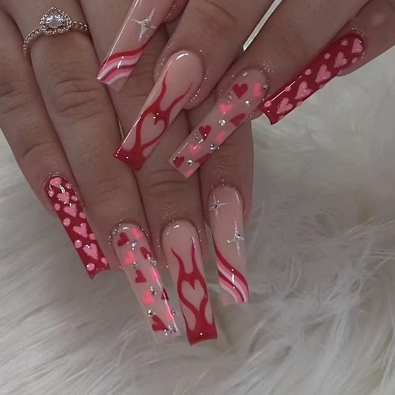 Fake Nails Heart Pattern Full Cover Fake Nails DIY Glue Press On Nails