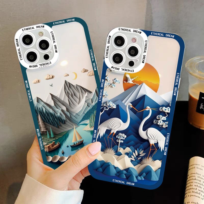 Landscape Clear phone case For iPhone 14 11 12 13 Pro Max Creative Mountain And River For iPhone 7 8 Plus SE 2020 XS X XR Covers