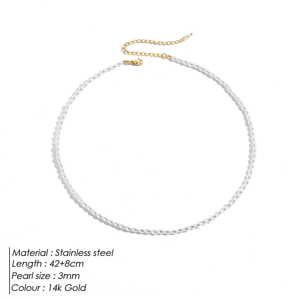 3MM Imitation Pearl Necklace Oval White Stainless Steel Necklace Women's Collarbone Chain