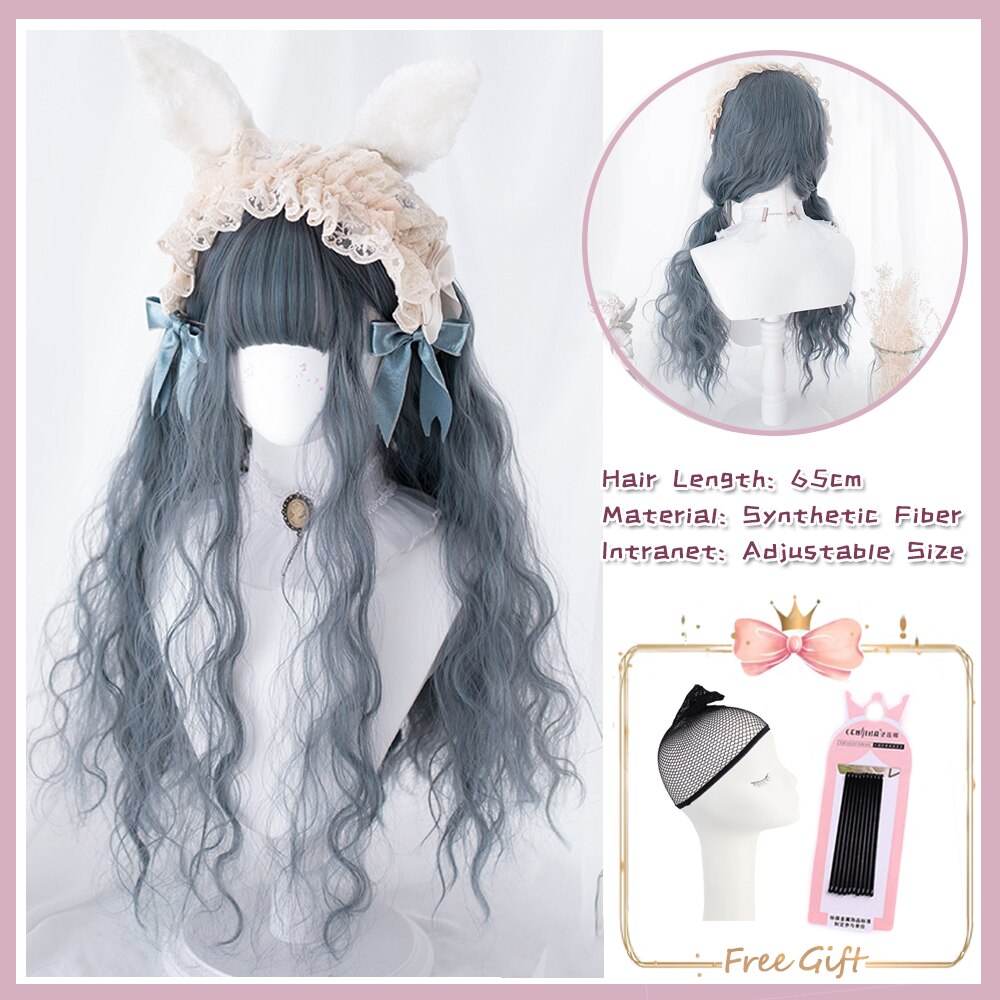 Cosplay Purple Blue High Gloss Bangs Synthetic Long Curly Hair Wig Lolita Women Heat-resistant Wig