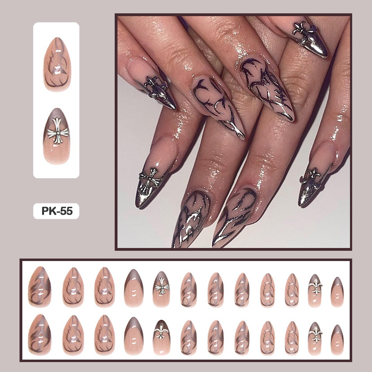 24PCS Dark Punk False Nails with Glue Gradient Long Detachable Fire Stick on Nails Skull Flame  Art DIY Fashion Manicure Tool