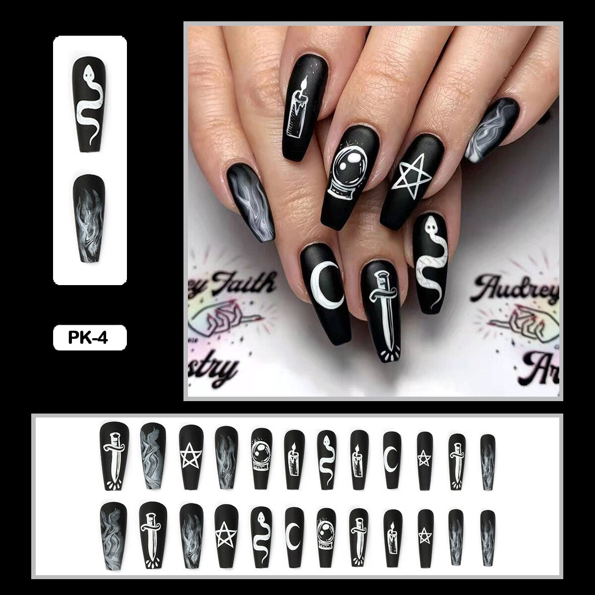 24PCS Dark Punk False Nails with Glue Gradient Long Detachable Fire Stick on Nails Skull Flame  Art DIY Fashion Manicure Tool