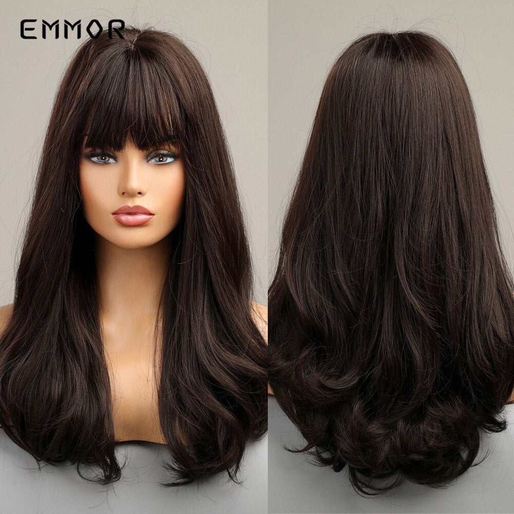 Synthetic Long Wavy Wigs with Bangs for Women Cosplay Natural Ombre Black to Pink Hair Wig High Temperature Fiber