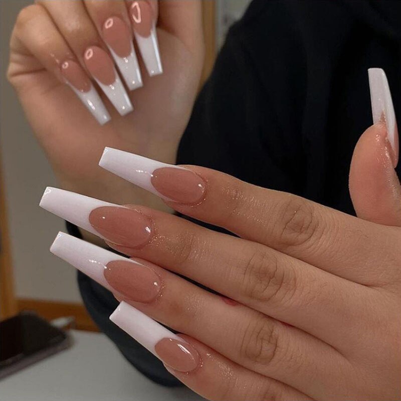 24PCS Khaki Nude Press On False Nails Tips Long Ballerina Pure Color Acrylic Fake Nails Coffin Full Cover Nail With Glue Designs