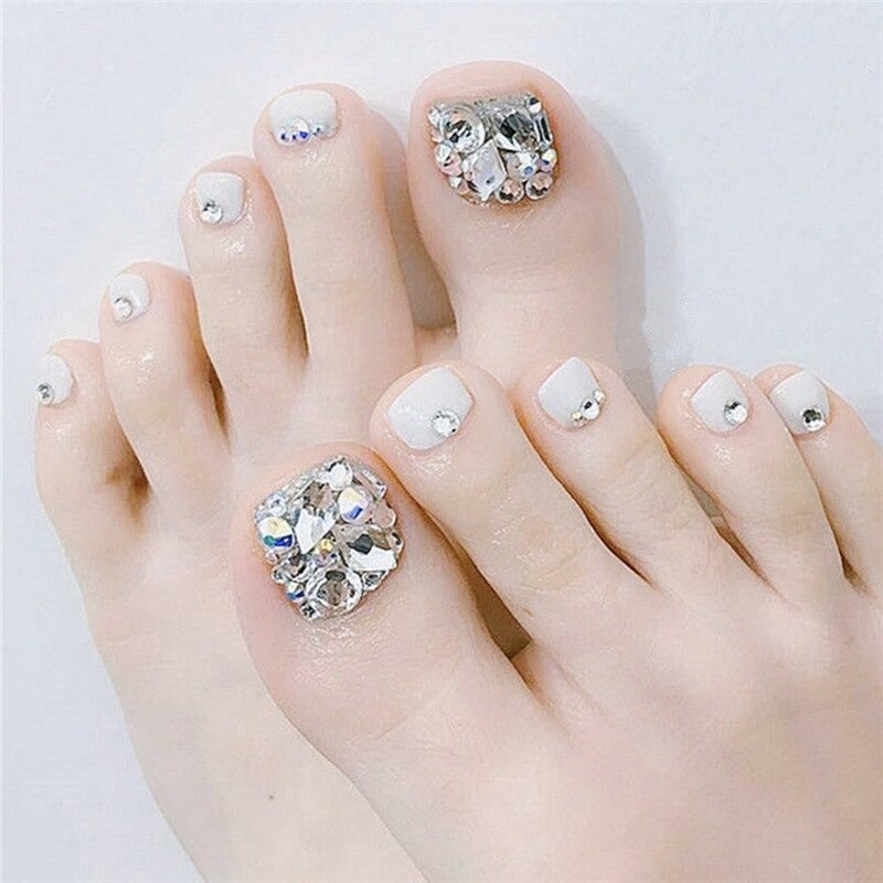 24pcs Wearable Blue Silver Diamond Toenail False Nails with glue full cover foot nails sets press on short artificial toenails