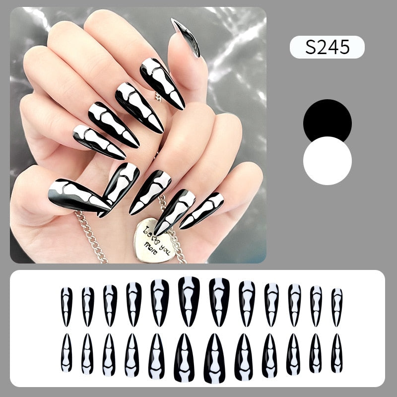 24Pcs Halloween Black Ghost Long Ballet False Nails With Heart Blood Design Halloween Press On Nails Detachable Full Cover Nails