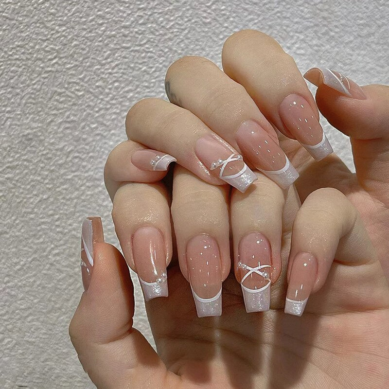 24pcs/box gradient French artifical nails with glue shiny star Fake Nails Lovely Girl korean press on nails ballerina False Nail