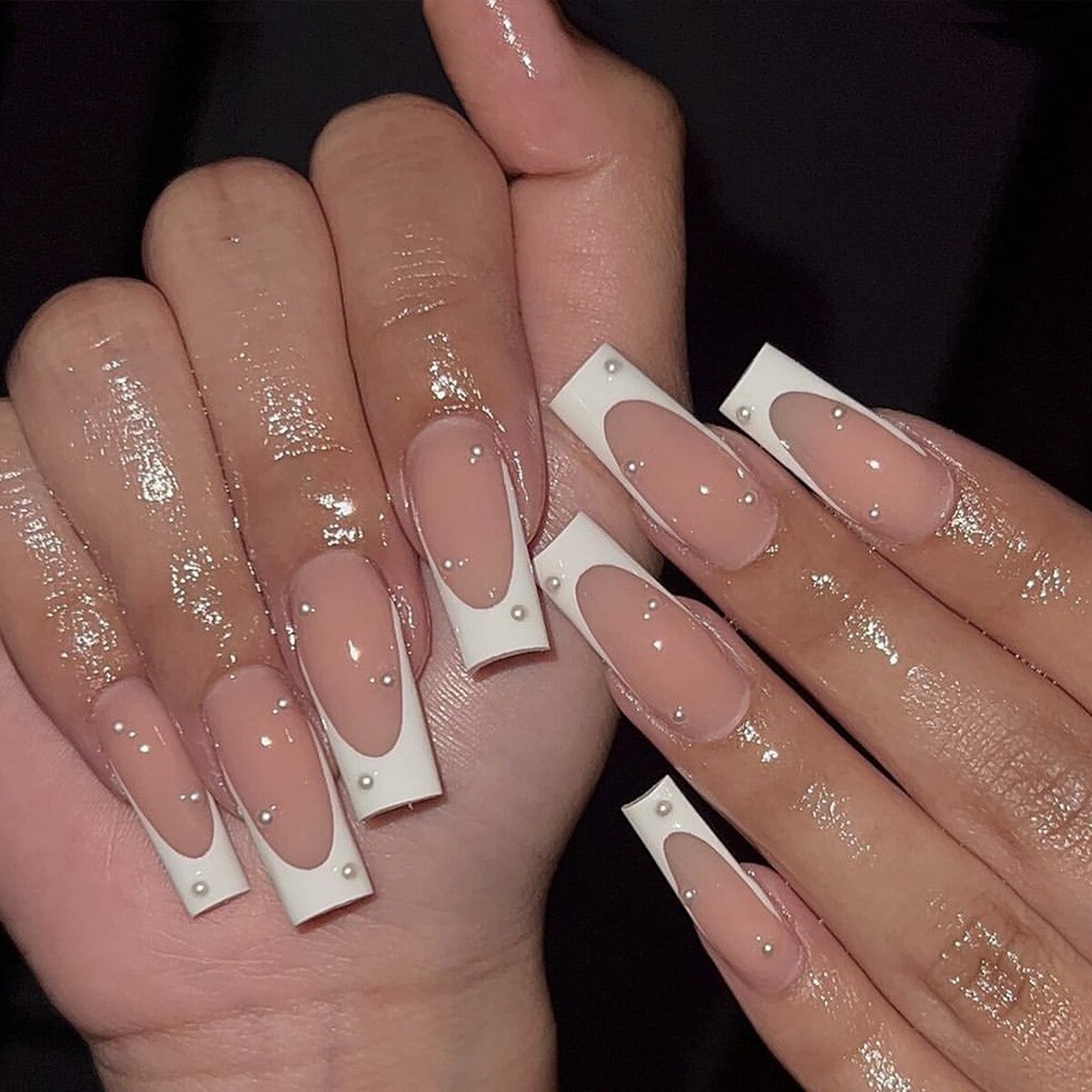 24Pcs Simple False Nails with White Edged Designs Long Ballerina Fake Nails Wearable Coffin French Nails Tips Press on Nails